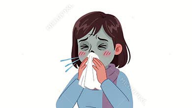 Animated Woman Sneeze: Cartoon Character with Cold, Flu, or Allergies
