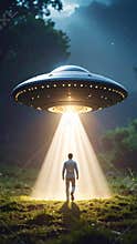 Man faces glowing beam from flying saucer hovering in misty forest clearing at dawn