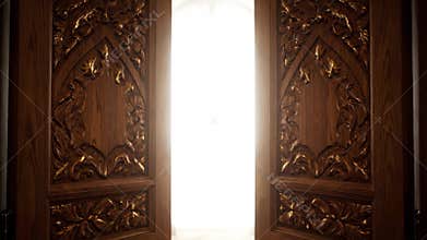 Ornate Carved Wood Doors Slightly Ajar Reveal Light