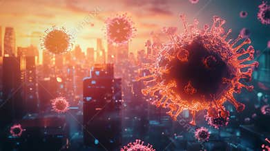 Virus particles spreading across modern city skyline during sunset