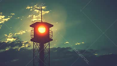 Airport beacon shining at sunset with cloudy sky
