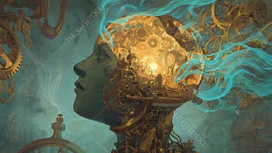 A Mysterious Mechanical Mind: A Journey Through a Surreal Landscape Where Gears and Enigmatic Iridescent Flames Collaborate