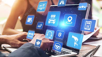 Online car rental service with digital booking and vehicle sharing icons Gist