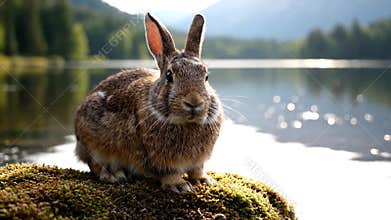 Alert Brown Rabbit Sitting on Mossy Rock with Blurred Lake and Mountain Backdrop in Bright Daylight Natural Outdoor Wildlife Scene