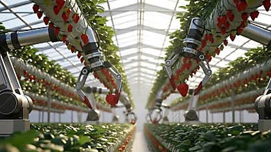 Automated Robotic Arms Harvest Ripe Strawberries in a Modern Sunlit Greenhouse Futuristic Agricultural Technology Concept