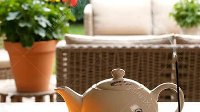 Outdoor Tea Time Still Life Featuring White Teapot Incense Stick Terra Cotta Pot with Colorful Flowers on Table with Rattan