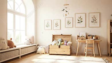 Sunlit Nursery Interior with Open Toy Chest Plush Toys on Window Seat Cozy Kids Room with White Walls Natural Light Decorative