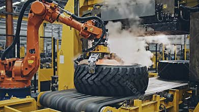 Robotic Arm Precisionly Places Hot Tire Onto Automated Assembly Line in Industrial Manufacturing Facility with Steam and Yellow