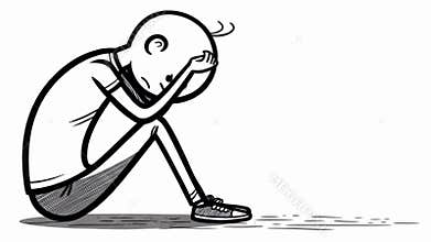 Despairing Stickman Hunched Over Isolated on White Background Showcasing Sadness and Stress for Mental Health Concepts