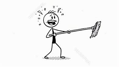 Energetic Stick Figure Sweeping Animation with Broom on White Background Demonstrates Cleaning and Housekeeping for Chore