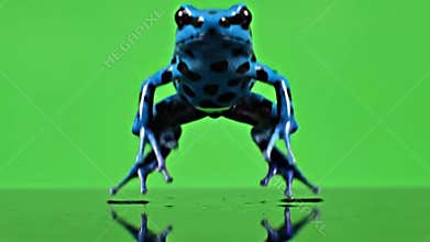 Vibrant Blue Poison Dart Frog with Black Spots Hopping on Reflective Surface Green Screen Background