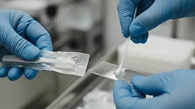 Close Up Of Blue Gloved Hands Performing Laboratory Test With Swab And Slide In A Clinical Setting