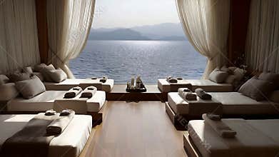 Serene spa lounge with plush beds and ocean vista offering ultimate relaxation