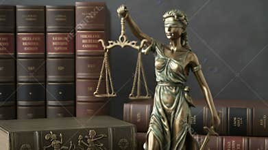 Lady justice statue holding scales and sword with law books