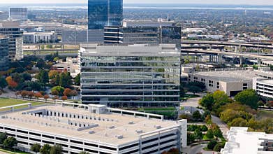 Aerial view of modern office buildings and industries in Plano downtown