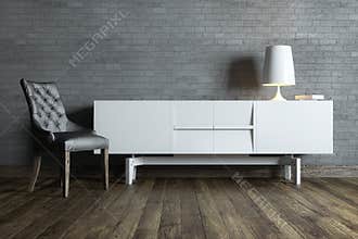 Modern interior room with white furniture and table lamp