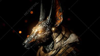 Powerful Ancient Egyptian God Anubis with Glowing Eyes Emerges from the Darkness