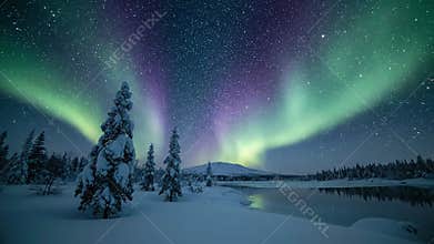Capturing the ethereal dance of vibrant green, purple, and pink auroral light streaking across a vast, star dusted polar night