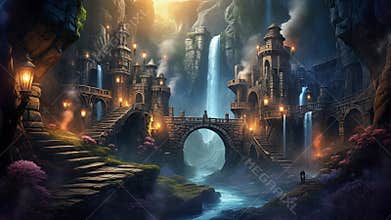 Majestic Mountain Citadel Carved in Stone Cliffs with Cascading Waterfalls Arched Bridges and Warm Lantern Light