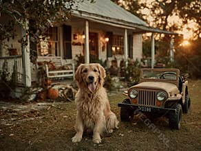 Golden retriever and childs toy car in an American front yard at sunset - AI-Generated