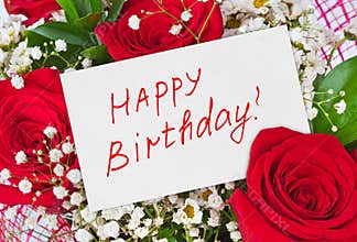Roses bouquet and card Happy Birthday