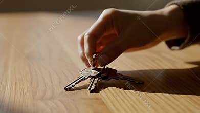 Hand Placing Set of House Keys on Wooden Table - Real Estate, Home Ownership, and Moving Concept