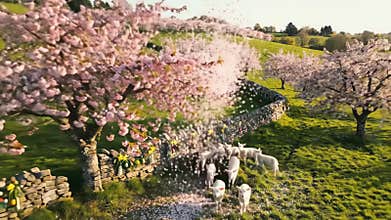 Spring Landscape with White Lambs and Cherry Blossom Trees