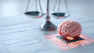 Ethical Dilemma in Code Presents a Scale of Justice Balancing a Human Brain and a Glowing Microchip Against a Backdrop