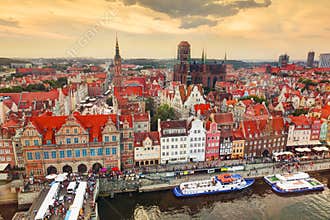 Top view on Gdansk old town and Motlawa river, Poland at sunset.