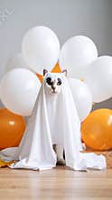 Cat in a Ghost Costume with Balloons Halloween Celebration