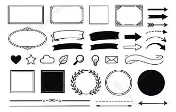 Hand drawn line art graphic elements set featuring frames, arrows, ribbons, and doodle icons for creative design projects