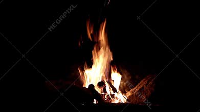 Big bonfire, night. A huge fire on a dark background. Campfire close-up.