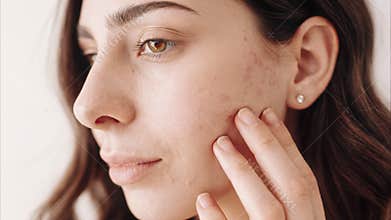 Contemplative woman assesses skin condition with gentle fingertip touch