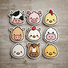 Kawaii Farm Animals Set Featuring Cow, Pig, Sheep, Chicken, Rooster, Duck, Horse, Goat, and Donkey in a Grid of Nine on