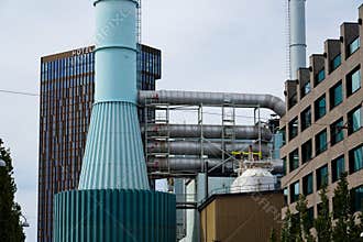 Roselundverket combined heat and power powerplant on bank of Gota river next to Alvstaden development construction site