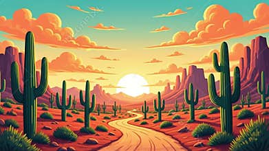 Desert Road at Sunset: Cacti, Mountains, and Warm Light Landscape