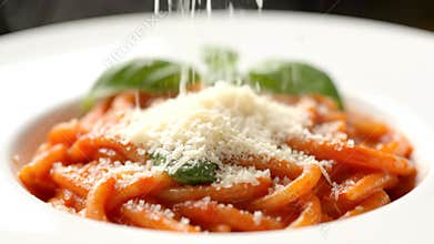 Adding Grated Cheese to Pasta Dish With Tomato Sauce and Basil