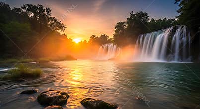 Waterfall cascading into river at sunset with golden light and mist image