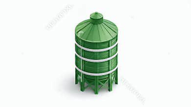 Green Silo Isometric Projection on a White Background in a Clean Style