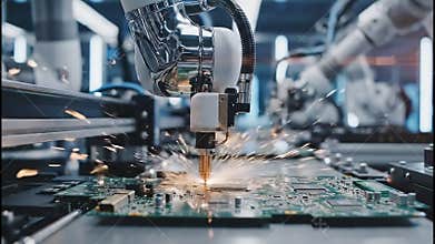 Robotic Arm Soldering Electronic Circuit Board with Sparks in Smart Factory