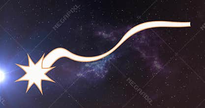 Travelling stylized shooting star icon sweeping across cosmic backdrop, with swirling nebula clouds