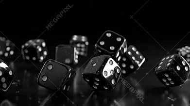 Dynamic black dice tumble and scatter, capturing the thrill of chance and high stakes gameplay.