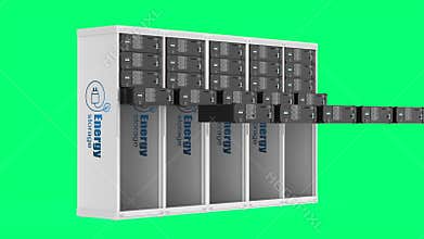 Energy storage system or battery container unit assemble isolated on green screen