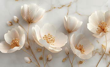 A 3D mural wallpaper showcases white roses on both an abstract gray background and a light marble background