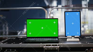 Green and blue screen on devices support offshore drilling rig calibration