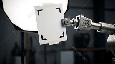 Empty white photograph placeholder card with traditional corners held by professional equipment under studio lighting ready for
