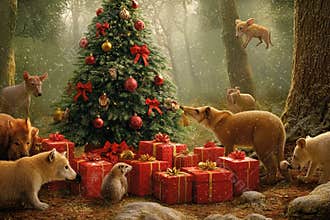 Magic of Christmas in a forest surrounded by joyful animals and gifts