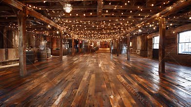 Rustic barn venue interior with wooden floor beams and string lights for event space and wedding reception use