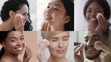 Skin care pampering activities with diverse people at home in a beautiful collage