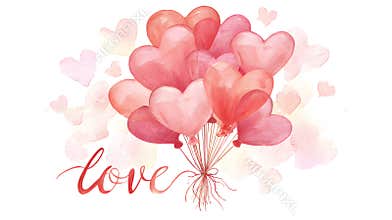 Watercolor Heart-Shaped Balloons Bouquet with the word Love. Romantic Valentine Celebration card Clipart. Watercolor